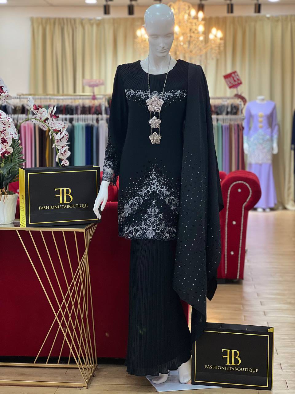 Baju Kurung Maroon - Elegant Long Sleeve Tunic & Floor-Length Pleated Skirt with Silver Lace Embroidery & Crystal Shawl