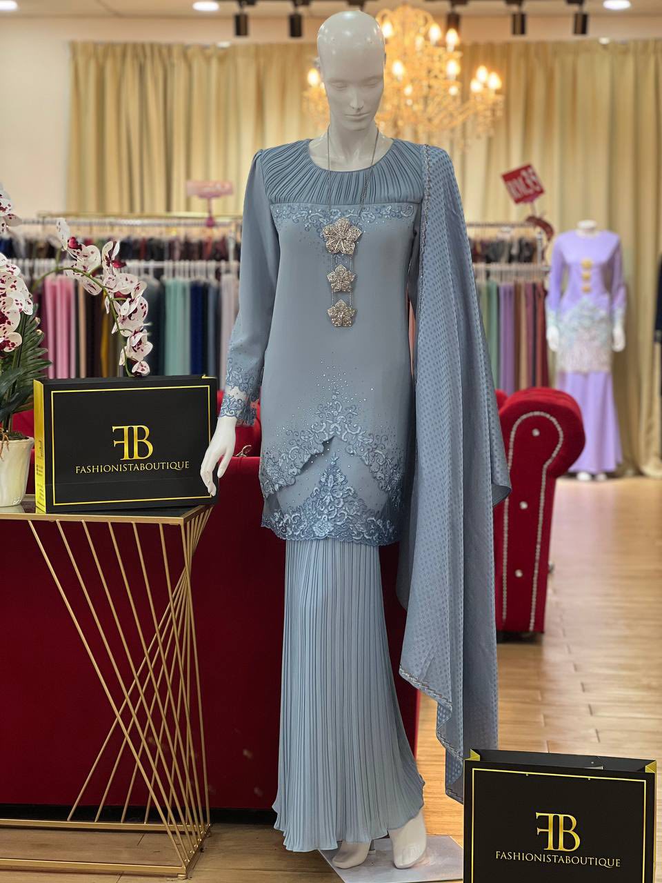 Baju Kurung Maroon - Elegant Long Sleeve Tunic & Floor-Length Pleated Skirt with Silver Lace Embroidery & Crystal Shawl
