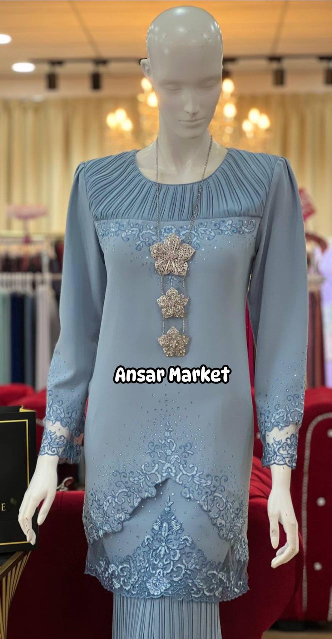 Baju Kurung Maroon - Elegant Long Sleeve Tunic & Floor-Length Pleated Skirt with Silver Lace Embroidery & Crystal Shawl