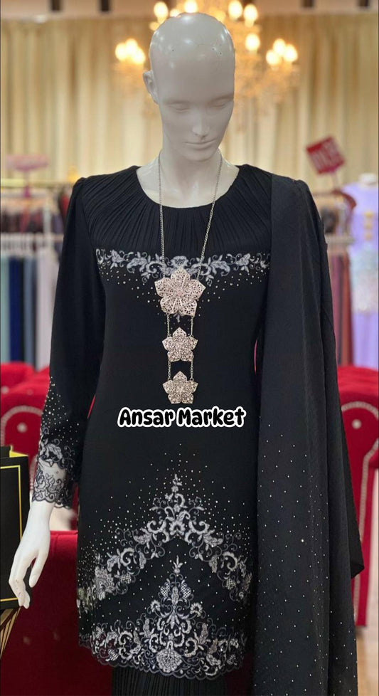 Baju Kurung Maroon - Elegant Long Sleeve Tunic & Floor-Length Pleated Skirt with Silver Lace Embroidery & Crystal Shawl