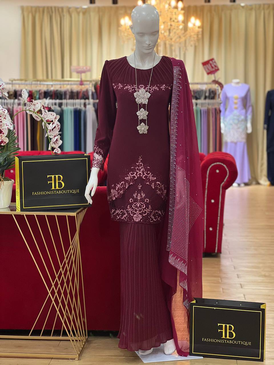Baju Kurung Maroon - Elegant Long Sleeve Tunic & Floor-Length Pleated Skirt with Silver Lace Embroidery & Crystal Shawl