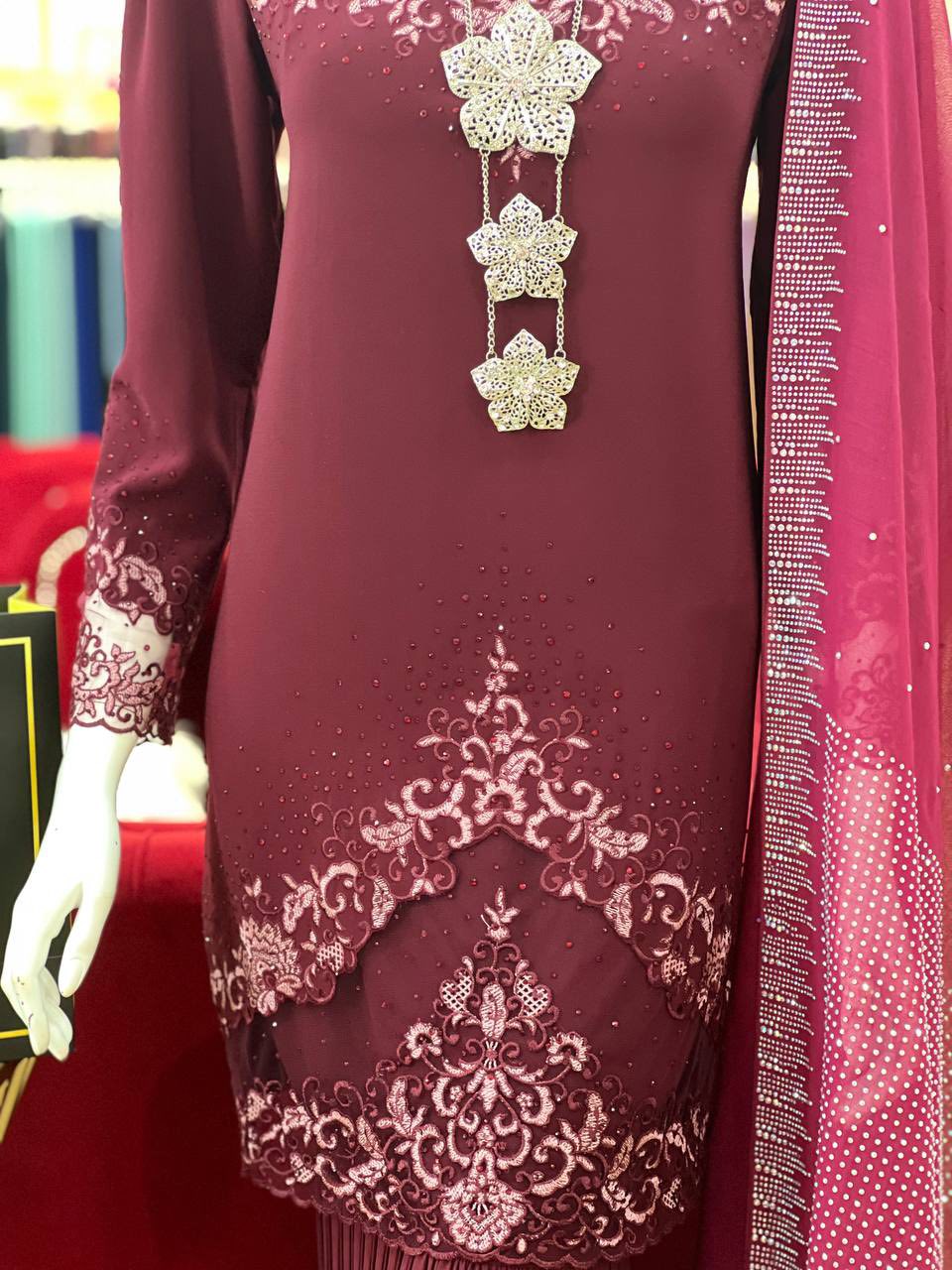 Baju Kurung Maroon - Elegant Long Sleeve Tunic & Floor-Length Pleated Skirt with Silver Lace Embroidery & Crystal Shawl