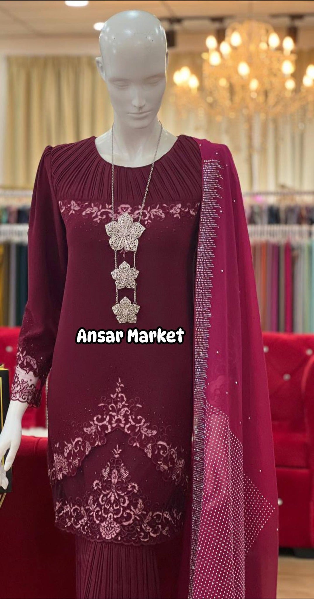 Baju Kurung Maroon - Elegant Long Sleeve Tunic & Floor-Length Pleated Skirt with Silver Lace Embroidery & Crystal Shawl
