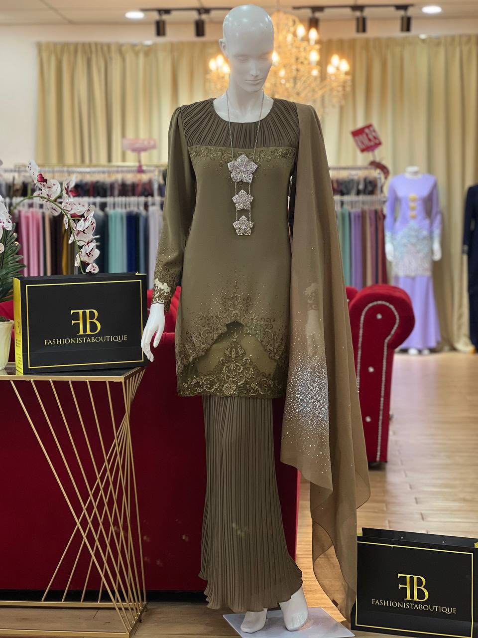 Baju Kurung Maroon - Elegant Long Sleeve Tunic & Floor-Length Pleated Skirt with Silver Lace Embroidery & Crystal Shawl