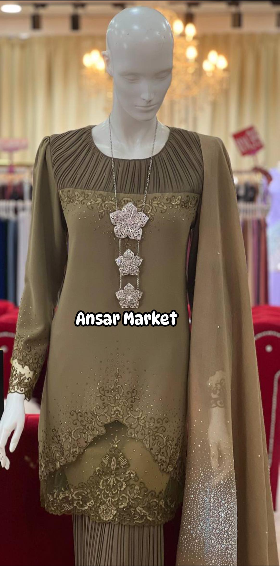 Baju Kurung Maroon - Elegant Long Sleeve Tunic & Floor-Length Pleated Skirt with Silver Lace Embroidery & Crystal Shawl