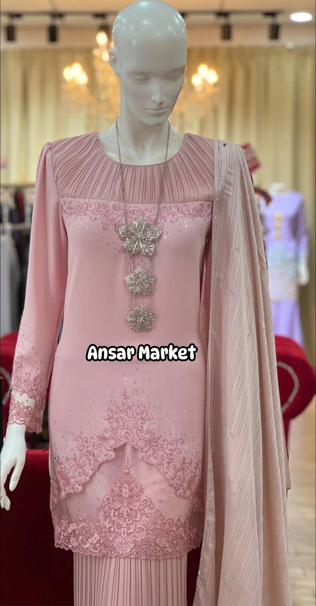 Baju Kurung Maroon - Elegant Long Sleeve Tunic & Floor-Length Pleated Skirt with Silver Lace Embroidery & Crystal Shawl