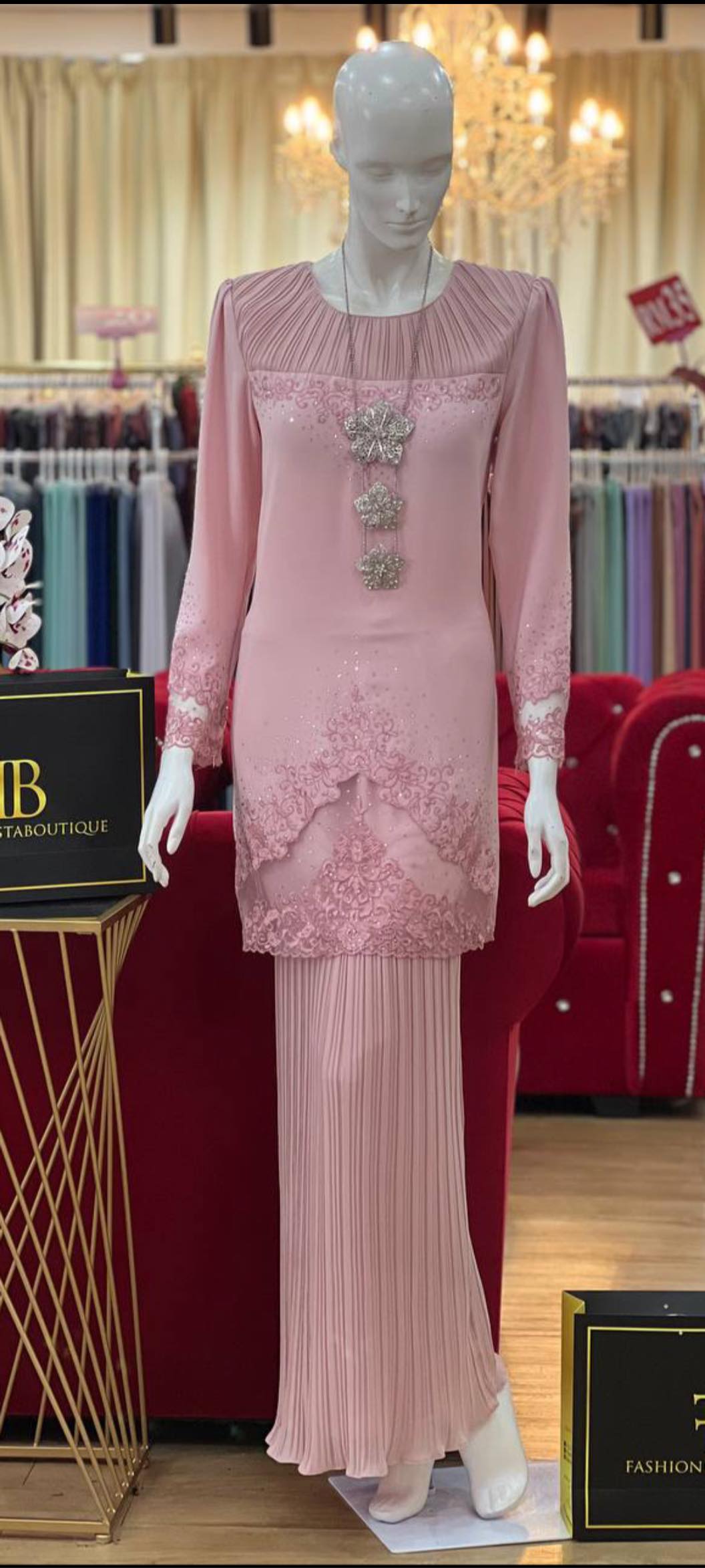 Baju Kurung Maroon - Elegant Long Sleeve Tunic & Floor-Length Pleated Skirt with Silver Lace Embroidery & Crystal Shawl