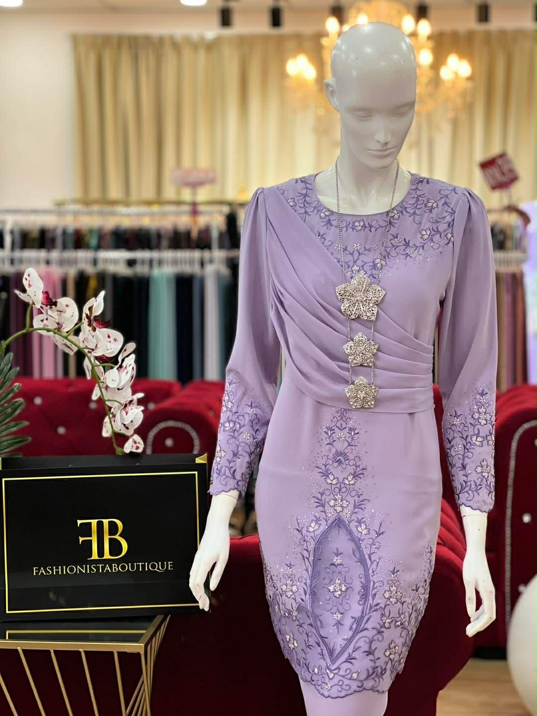 Baju Kurung - Malay Ladies Traditional Dress with Asymmetrical Draping & Floral Embroidery