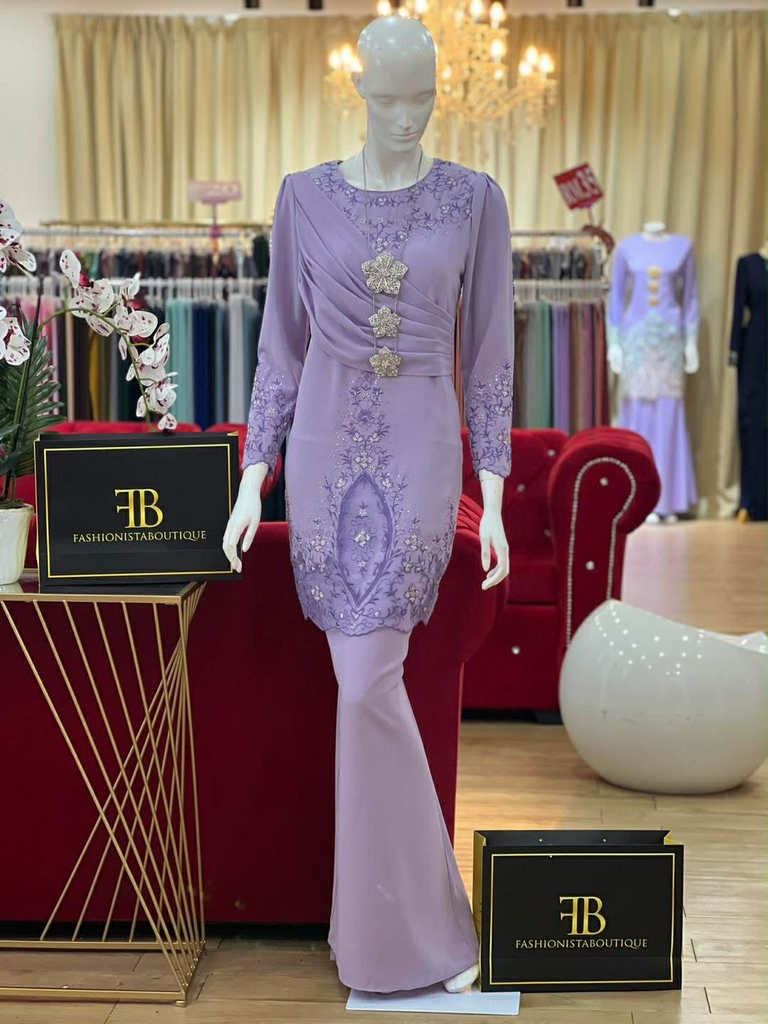 Baju Kurung - Malay Ladies Traditional Dress with Asymmetrical Draping & Floral Embroidery