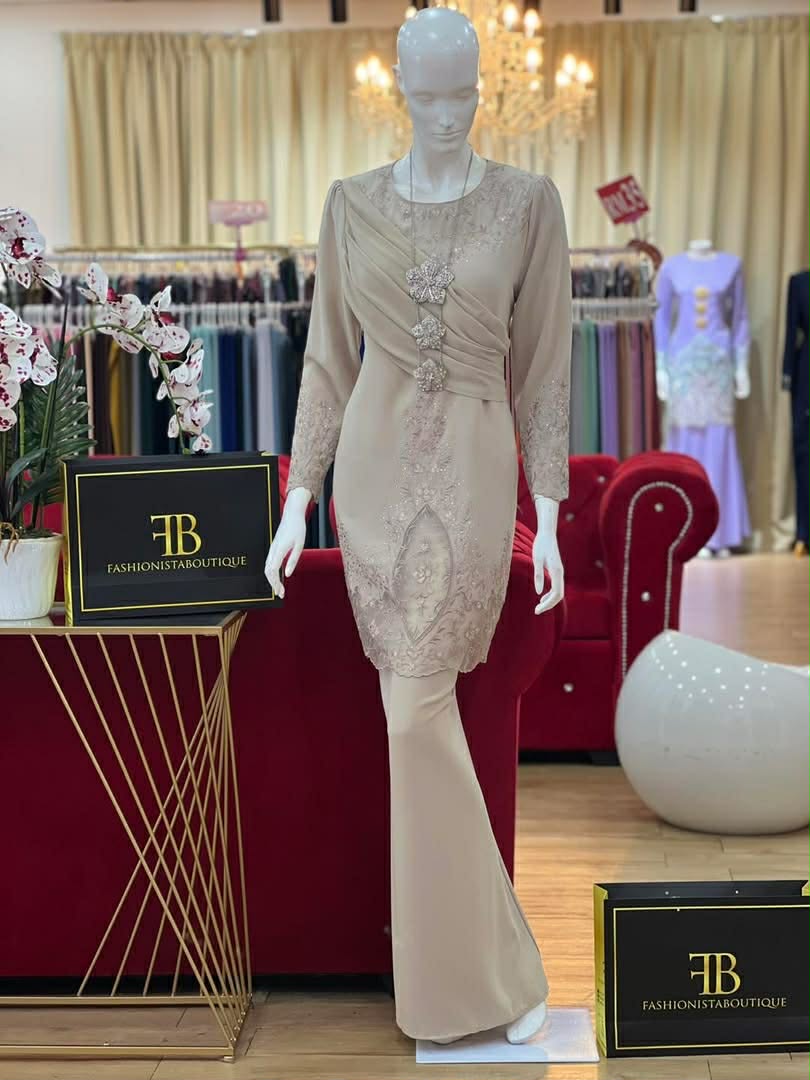 Baju Kurung - Malay Ladies Traditional Dress with Asymmetrical Draping & Floral Embroidery