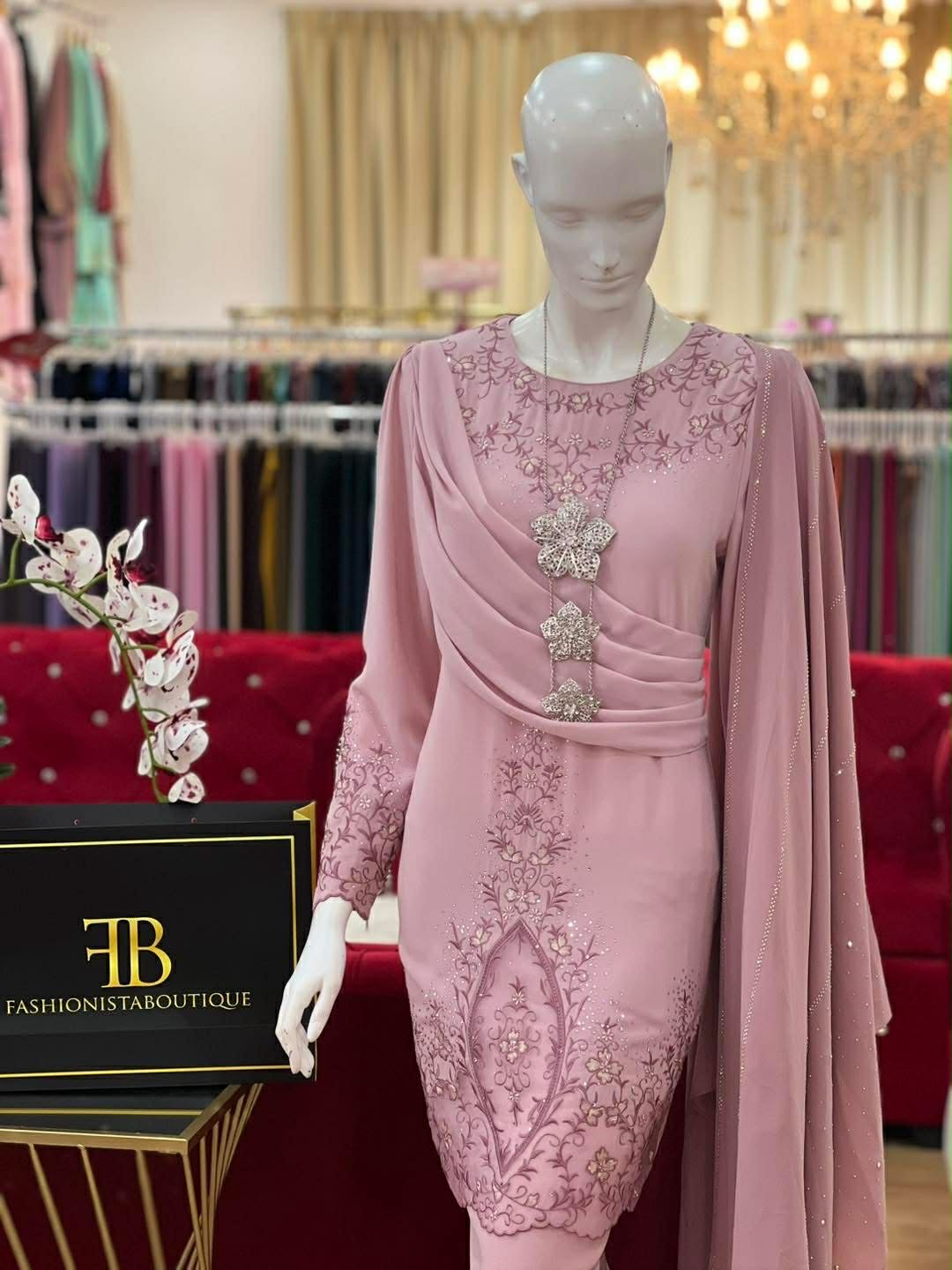Baju Kurung - Malay Ladies Traditional Dress with Asymmetrical Draping & Floral Embroidery