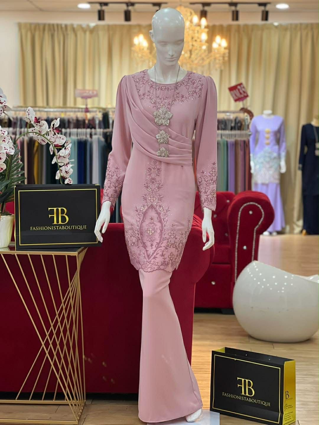 Baju Kurung - Malay Ladies Traditional Dress with Asymmetrical Draping & Floral Embroidery