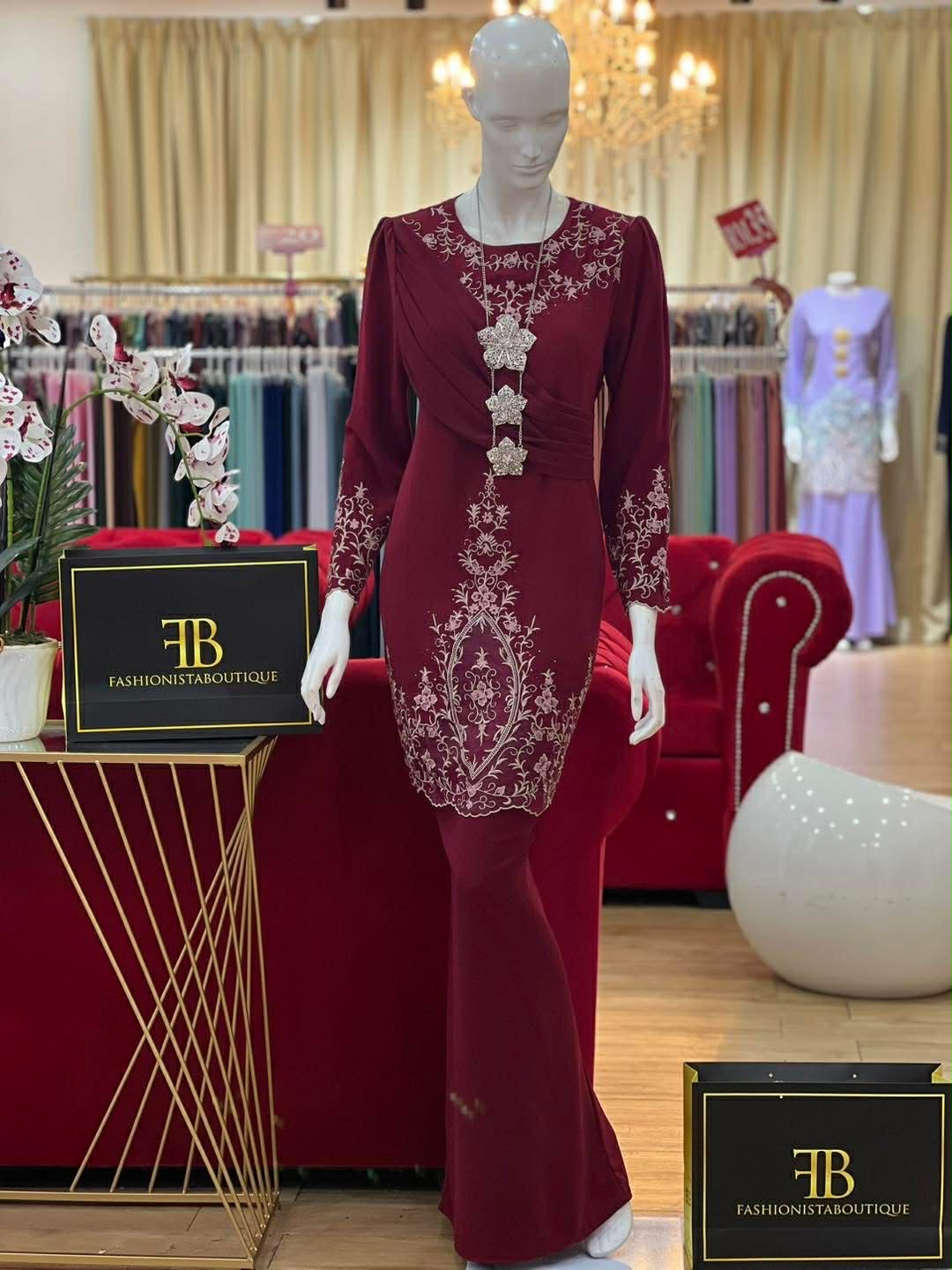 Baju Kurung - Malay Ladies Traditional Dress with Asymmetrical Draping & Floral Embroidery