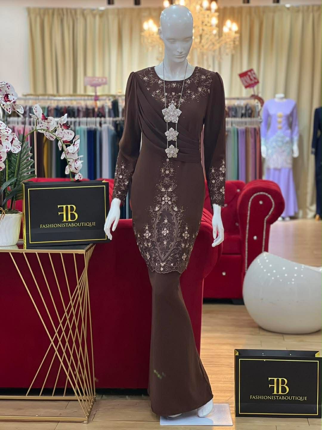 Baju Kurung - Malay Ladies Traditional Dress with Asymmetrical Draping & Floral Embroidery