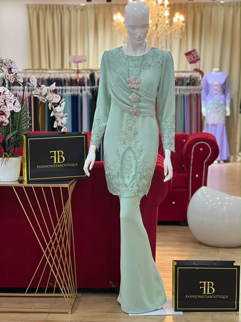 Baju Kurung - Malay Ladies Traditional Dress with Asymmetrical Draping & Floral Embroidery