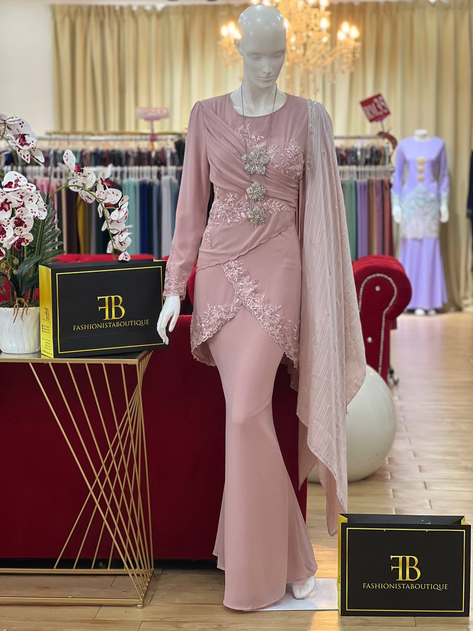 Baju Kurung Moden, Stylish Asymmetrical Hemline, Diagonal Draping, Floral Lace Appliques, Mermaid Skirt, Silver Brooch & Necklace