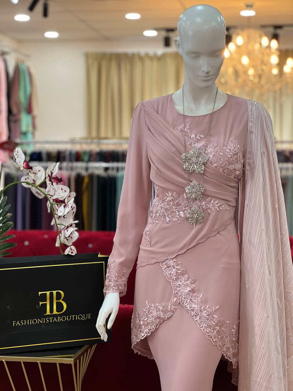 Baju Kurung Moden, Stylish Asymmetrical Hemline, Diagonal Draping, Floral Lace Appliques, Mermaid Skirt, Silver Brooch & Necklace