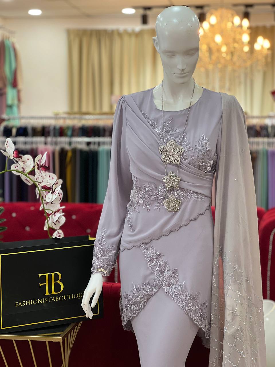 Baju Kurung Moden, Stylish Asymmetrical Hemline, Diagonal Draping, Floral Lace Appliques, Mermaid Skirt, Silver Brooch & Necklace