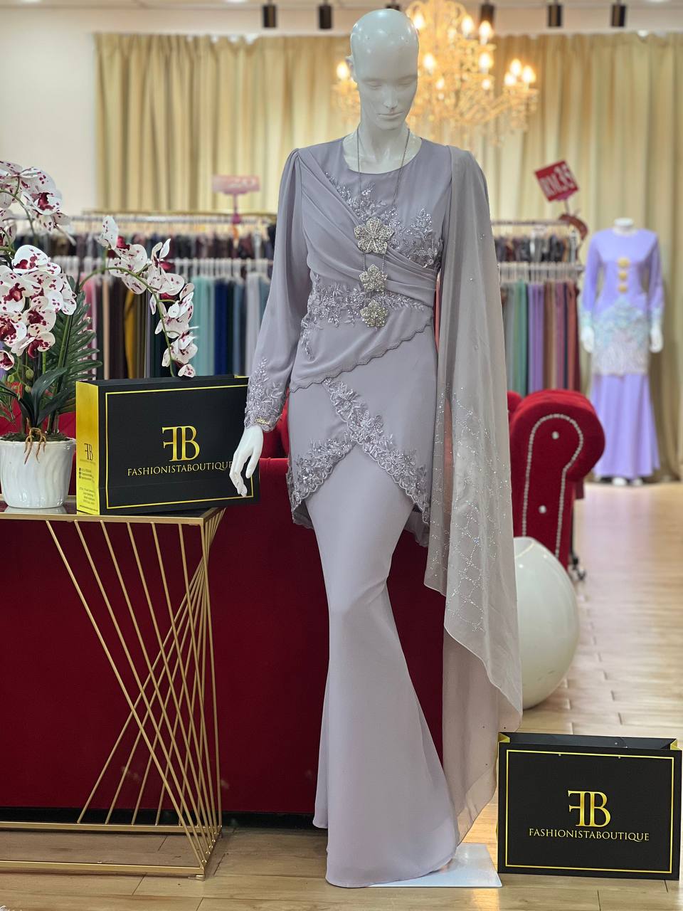 Baju Kurung Moden, Stylish Asymmetrical Hemline, Diagonal Draping, Floral Lace Appliques, Mermaid Skirt, Silver Brooch & Necklace