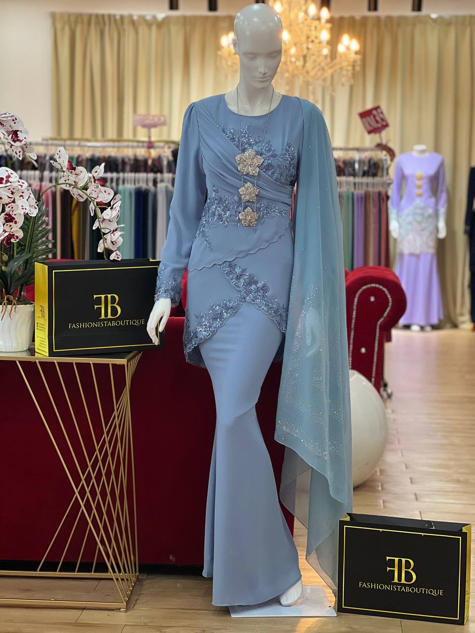 Baju Kurung Moden, Stylish Asymmetrical Hemline, Diagonal Draping, Floral Lace Appliques, Mermaid Skirt, Silver Brooch & Necklace