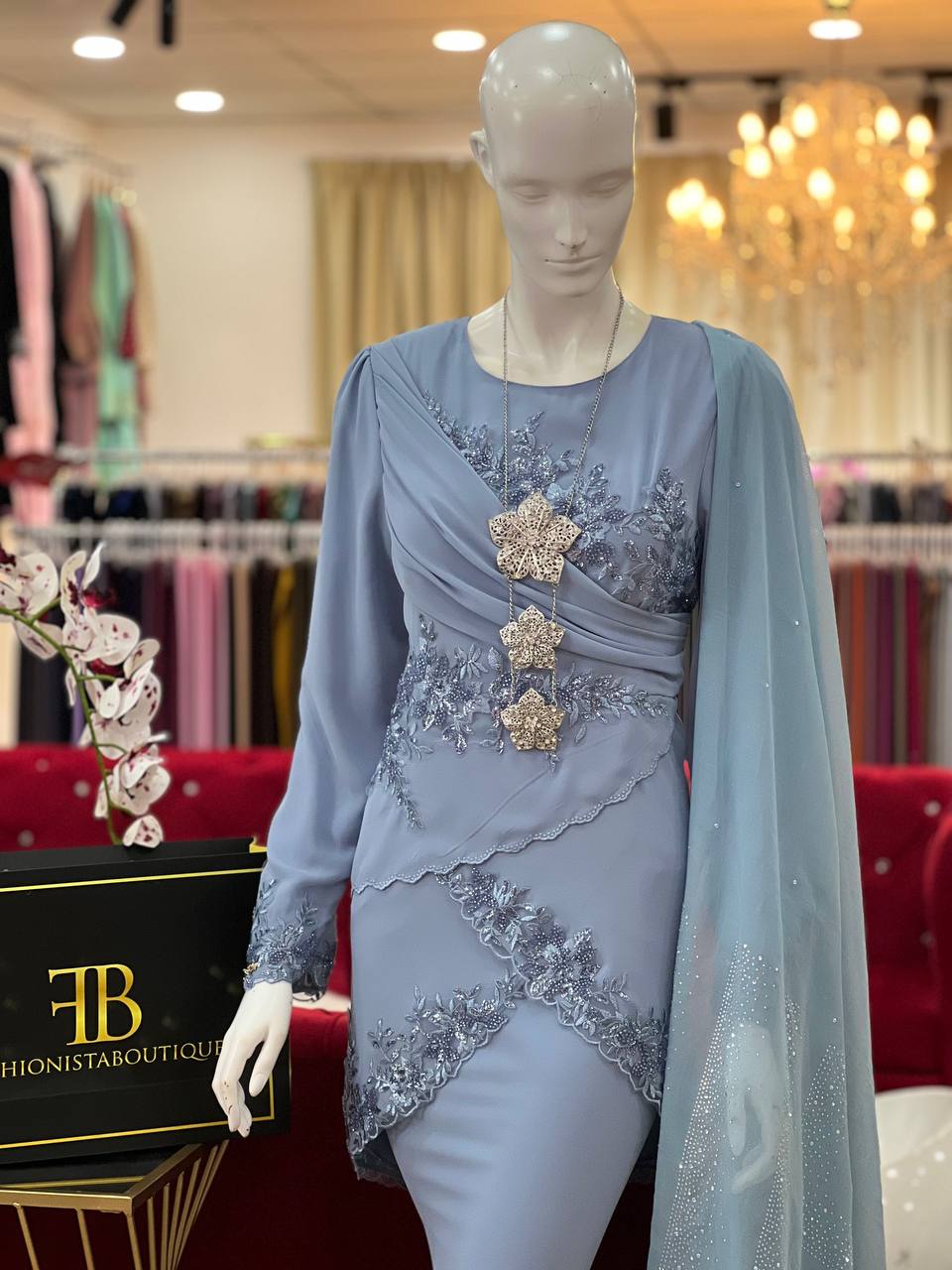 Baju Kurung Moden, Stylish Asymmetrical Hemline, Diagonal Draping, Floral Lace Appliques, Mermaid Skirt, Silver Brooch & Necklace