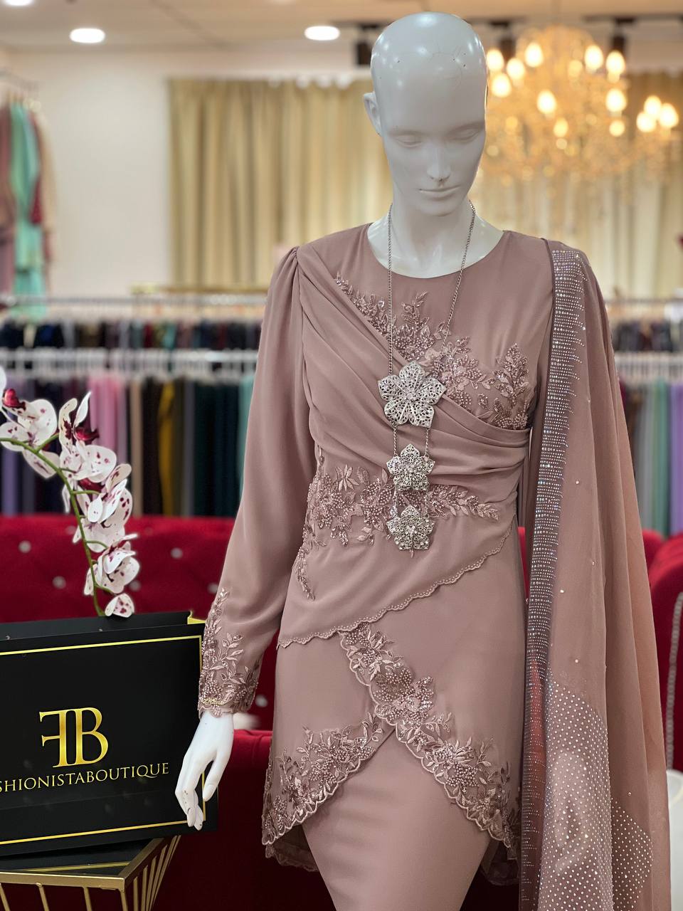 Baju Kurung Moden, Stylish Asymmetrical Hemline, Diagonal Draping, Floral Lace Appliques, Mermaid Skirt, Silver Brooch & Necklace